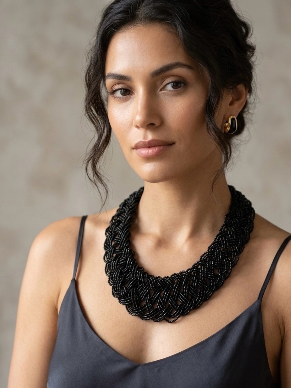 Macy's Black Braided Beaded Collar Necklace